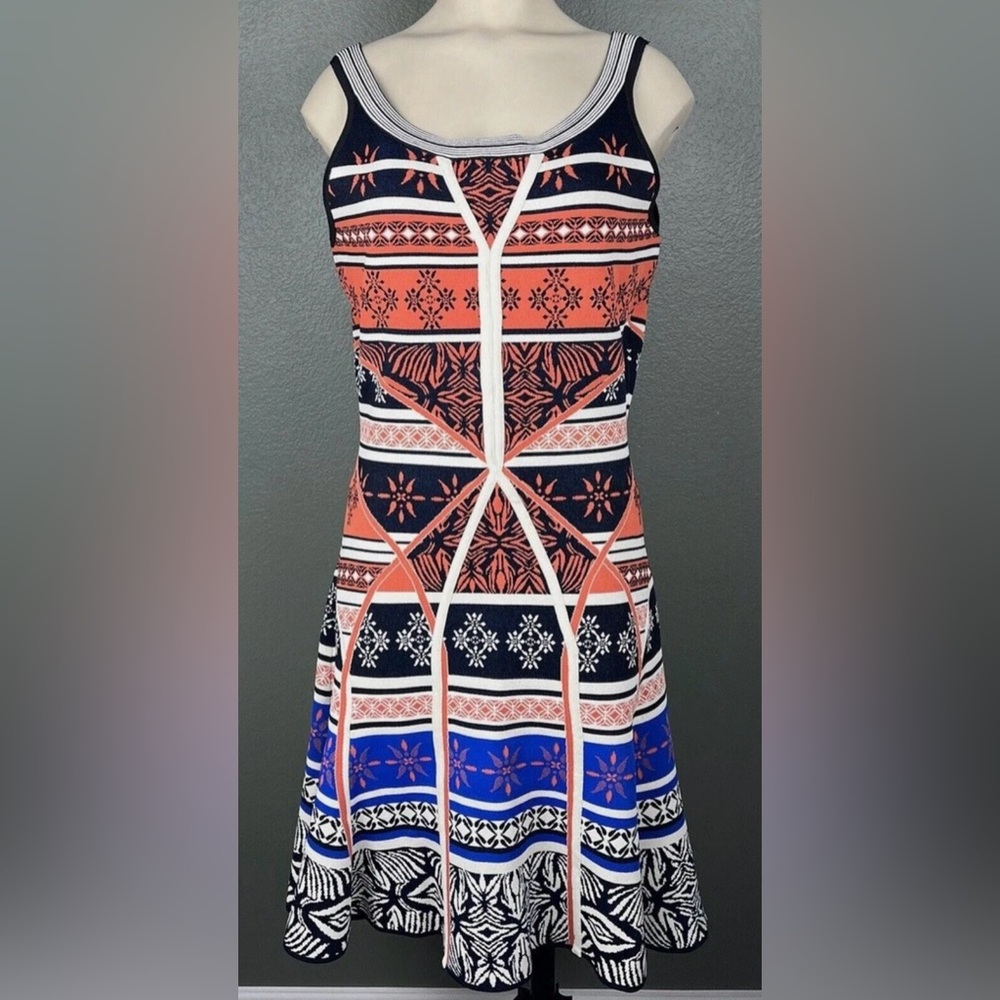 NWOT Diane Von Furstenberg Dress Orange Blue Print Knit Fabric Midi Length